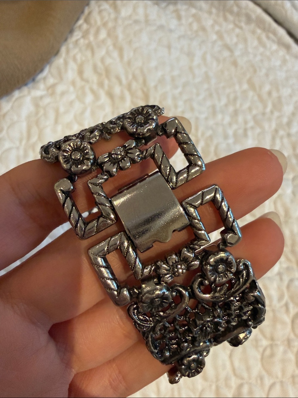 Vintage silver tone floral barrette with intricate Filigree Statement Bracelet